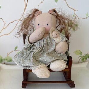 Vintage Shackelford Cloth Doll “Young’un” Sucking Thumb on Wooden Rocking Chair